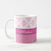 Meisroze en witte Damask, roze glitter Name Koffiemok (Links)