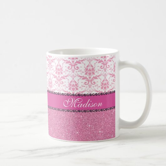Meisroze en witte Damask, roze glitter Name Koffiemok (Rechts)
