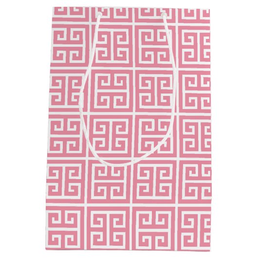 Meisroze en witte Griekse sleutel Medium Cadeauzakje (Achterkant)