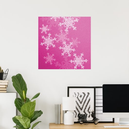 Meisroze en witte sneeuwvlokken voor kerstmis poster (Thuiskantoor)