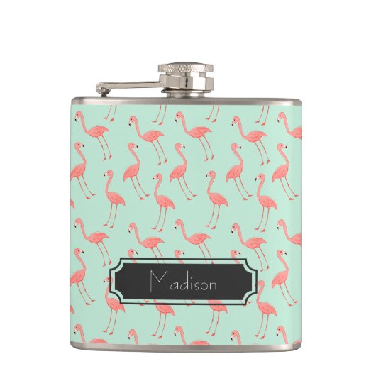Meisroze Flamingo patroon | Jouw namen toevoegen Heupfles (Voorkant)
