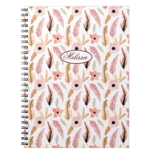 Meisroze Floral Waterverf Pattern Name Script Notitieboek (Voorkant)
