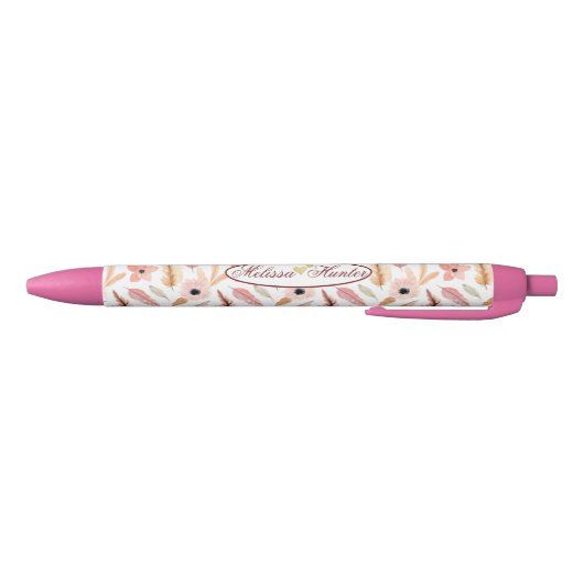 Meisroze Floral Waterverf Pattern Name Script Zwarte Inkt Pen (Bodem)