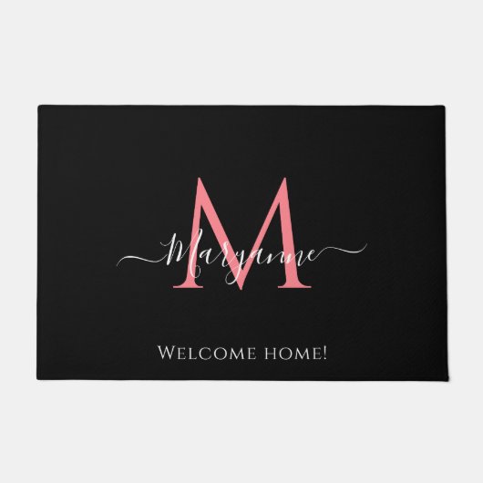 Meisroze gepersonaliseerd monogram zwart deurmat (Voorkant)