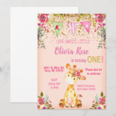 Meisroze giraffe 1e verjaardag uitnodiging. kaart (Voorkant / Achterkant)