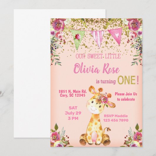 Meisroze giraffe 1e verjaardag uitnodiging. kaart (Voorkant / Achterkant)