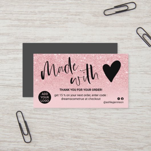 Meisroze glitter ombre bedankt dat je verliefd ben visitekaartje (Voorkant / Achterkant in situ)