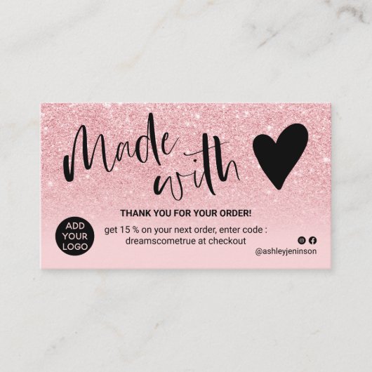 Meisroze glitter ombre bedankt dat je verliefd ben visitekaartje (Voorkant)