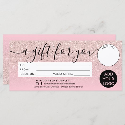 Meisroze glitter ombre gift certificate logo (Voorkant / Achterkant)