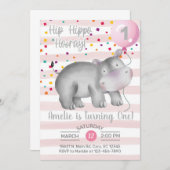 Meisroze hippo verjaardagsuitnodiging, uitnodiging (Voorkant / Achterkant)