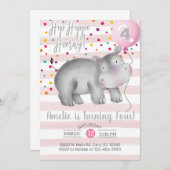 Meisroze hippo verjaardagsuitnodiging, uitnodiging (Voorkant / Achterkant)