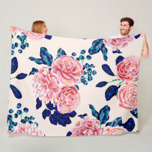 Meisroze marineblauw land gekleurde bloemen fleece deken