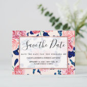 Meisroze marineblauw land gekleurde bloemen save the date (Staand voorkant)