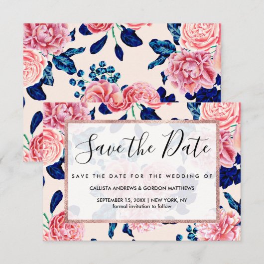 Meisroze marineblauw land gekleurde bloemen save the date (Voorkant / Achterkant)