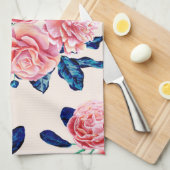 Meisroze marineblauw land gekleurde bloemen theedoek (Quarter Fold)