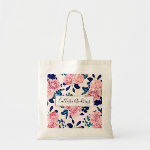 Meisroze marineblauw land gekleurde bloemen tote bag