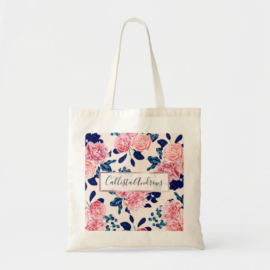 Meisroze marineblauw land gekleurde bloemen tote bag (Voorkant)