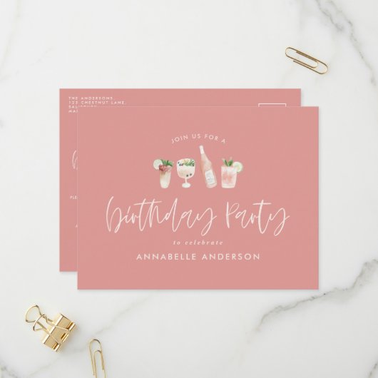 Meisroze moderne cocktailstijlvolle verjaardagsfee uitnodiging briefkaart (Voorkant / Achterkant in situ)