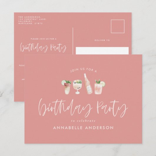 Meisroze moderne cocktailstijlvolle verjaardagsfee uitnodiging briefkaart (Voorkant / Achterkant)