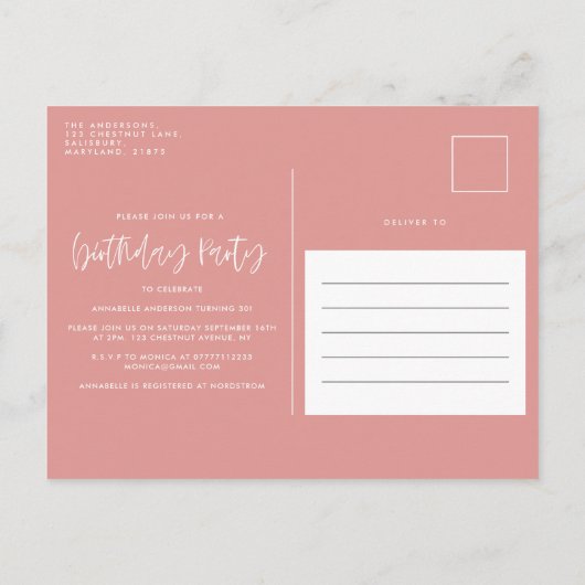 Meisroze moderne cocktailstijlvolle verjaardagsfee uitnodiging briefkaart (Achterkant)