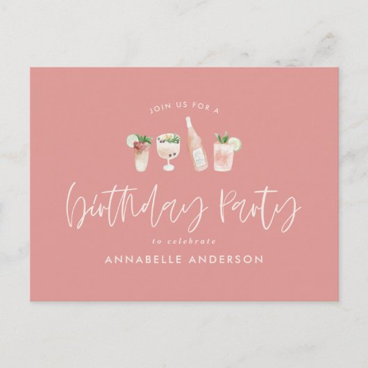 Meisroze moderne cocktailstijlvolle verjaardagsfee uitnodiging briefkaart (Voorkant)