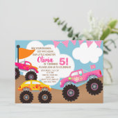 Meisroze monstervrachtwagens verjaardagsuitnodigin kaart (Staand voorkant)