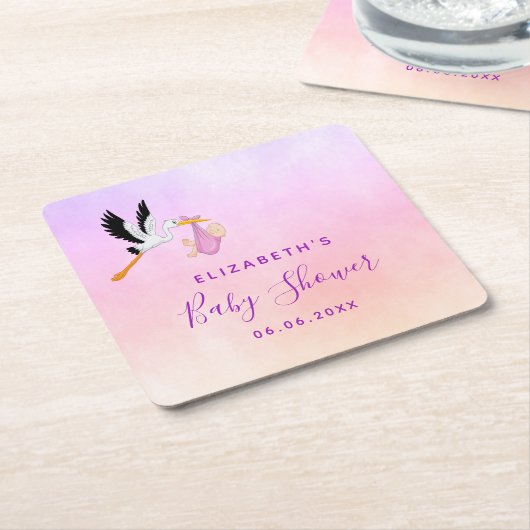 Meisroze paars roos goudhaver baby shower kartonnen onderzetters (Schuin)