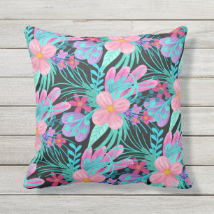 Meisroze Paarse Blauwgroen Waterverf bloemen Buitenkussen