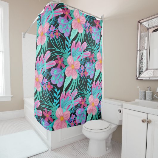 Meisroze Paarse Blauwgroen Waterverf bloemen Douchegordijn (In situ)