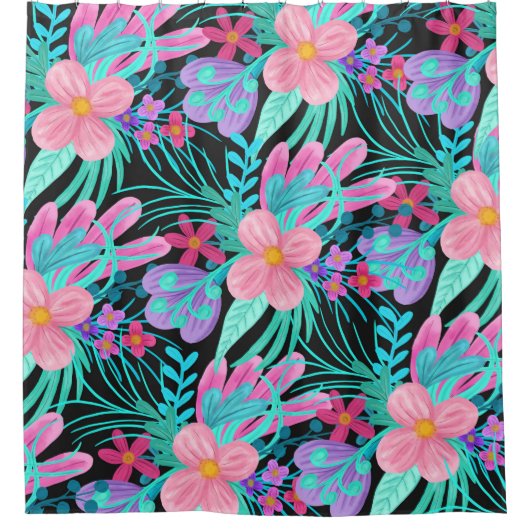 Meisroze Paarse Blauwgroen Waterverf bloemen Douchegordijn (Voorkant)