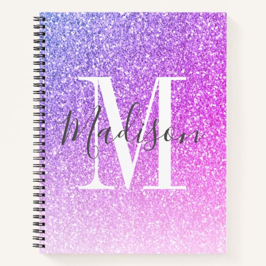 Meisroze Paarse Glitter Monogram Naam Notitieboek (Voorkant)