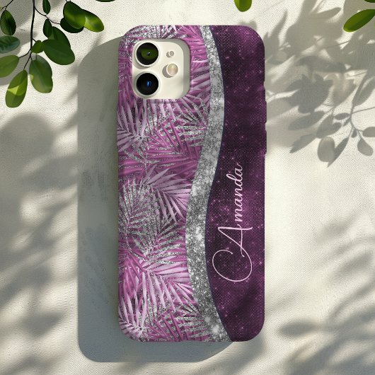 Meisroze paarse zilverglitter vertrekt monogram Case-Mate iPhone case