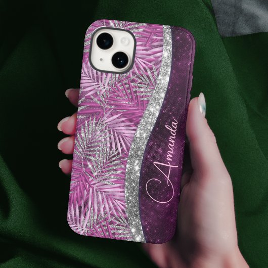 Meisroze paarse zilverglitter vertrekt monogram Case-Mate iPhone case