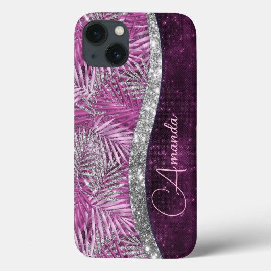 Meisroze paarse zilverglitter vertrekt monogram Case-Mate iPhone case (Achterkant)
