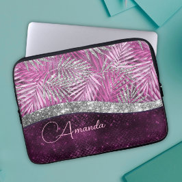Meisroze paarse zilverglitter vertrekt monogram laptop sleeve
