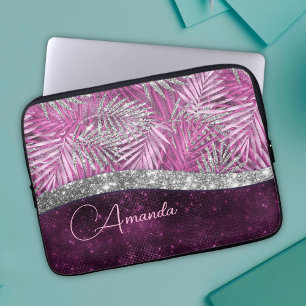 Meisroze paarse zilverglitter vertrekt monogram laptop sleeve