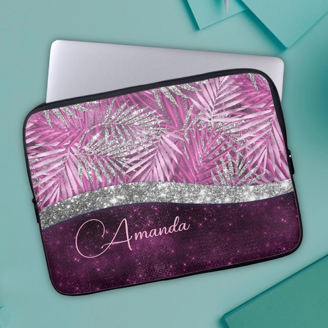Meisroze paarse zilverglitter vertrekt monogram laptop sleeve (Creator heeft geüpload)