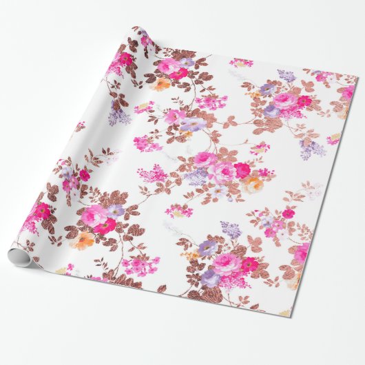 Meisroze roze roze roze goudkleurige  bloem cadeaupapier (Uitgerold)