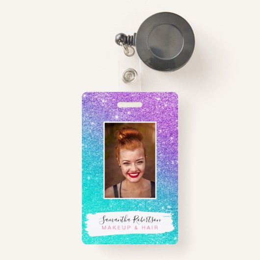 Meiszeemeermin paarse glitter chic turkooise ombre badge (Voorkant met intrekbare)
