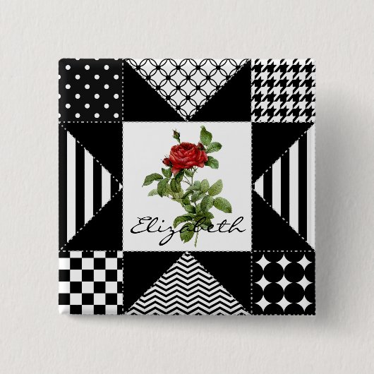 Meiszwart-witte Geometrische rode rozen met naam Vierkante Button 5,1 Cm (Voorkant)