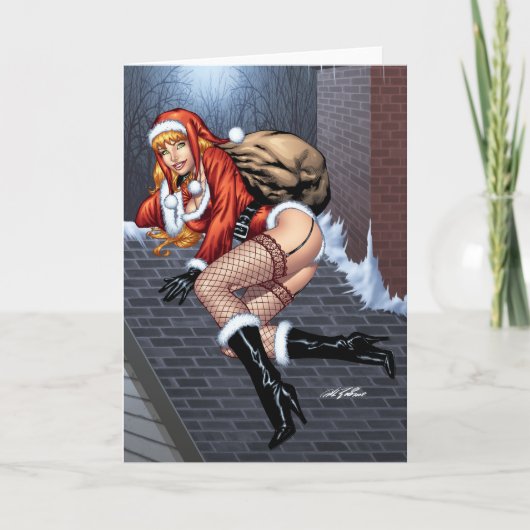 Mej. Claus op het Dak die Cadeaus Santas leveren Feestdagen Kaart (Voorkant)