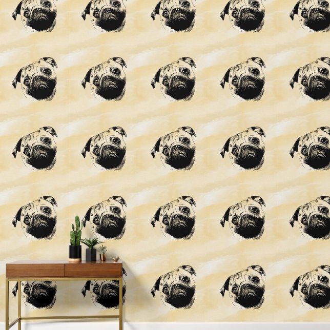 Melancholic Pug Head - lijnen silhouet 1 Behang (Hal)