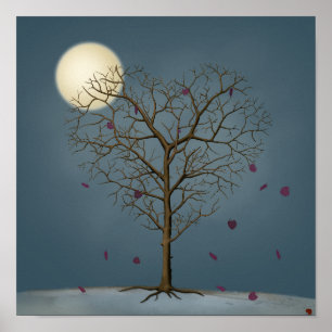 Melancholieke Hartvormige Boom Onder de Volle Maan Poster