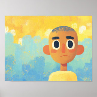 Melancholisch Getextureerd Portret in Blauw en Gou Poster
