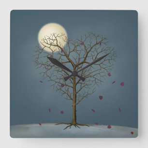 Melancholy Heart Shaped Tree under the Full Moon Vierkante Klok