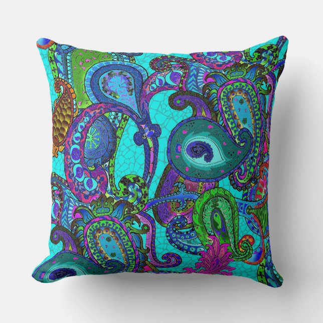 Melange Paisley in Turquoise en Sherbet Green Kussen (Voorkant)