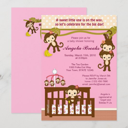 Melanie Monkey Baby Shower-uitnodigingen Kaart (Voorkant / Achterkant)