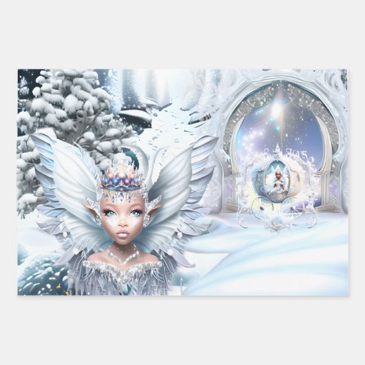 Melanin sprookjesachtige trio koets wintersneeuw inpakpapier vel (Voorkant 3)