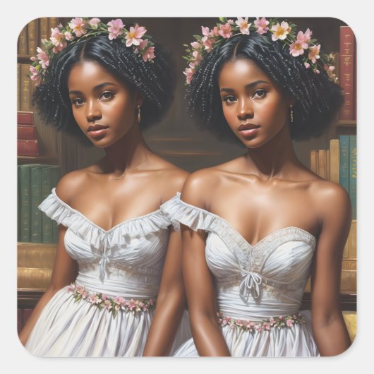 Melanin Twin Sisters in Bibliotheek Gemini Art Vierkante Sticker (Voorkant)