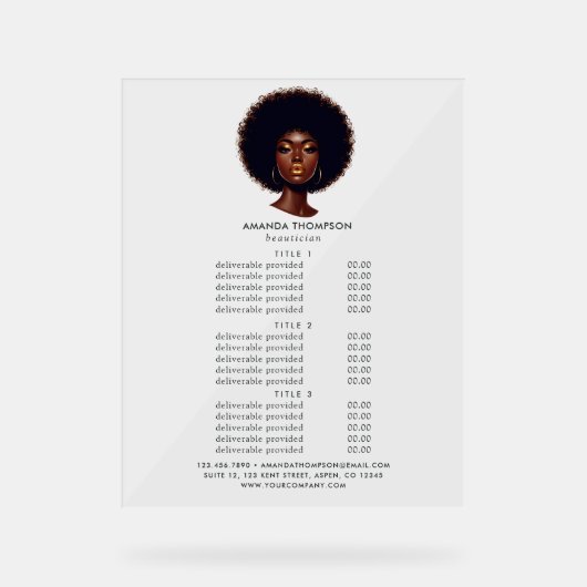 Melanine Chic Afro Hair Salon Prijzen en diensten Acryl Bord (Voorkant)